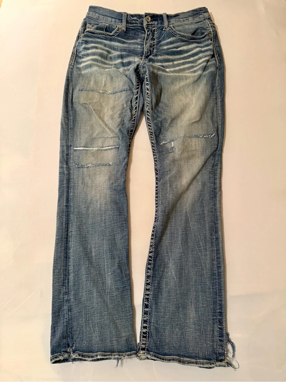 BKE Jake Jeans Mens 34x32 Dark Wash Straight Stretch Denim Whiskers Thrashed